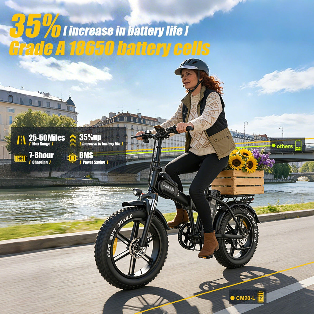 1500W Peak Folding Electric Bike for Adults, 48V 25Ah UL 2849 Certified Battery, 20x4 Fat Tire E-Mountain Bicycle, Shimano 7-Speed, Rear Rack, Up to 30MPH, Black
