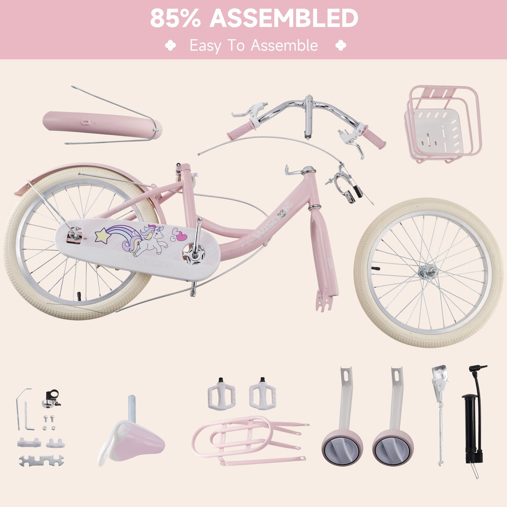 16/18 Inch Bike Kids Bicycle with Basket, Girls Bikes Ages 5-10, Kids Bicycles with Front and Rear Brakes, Kid Bike with Training Wheels, Kickstand, Rear Seat