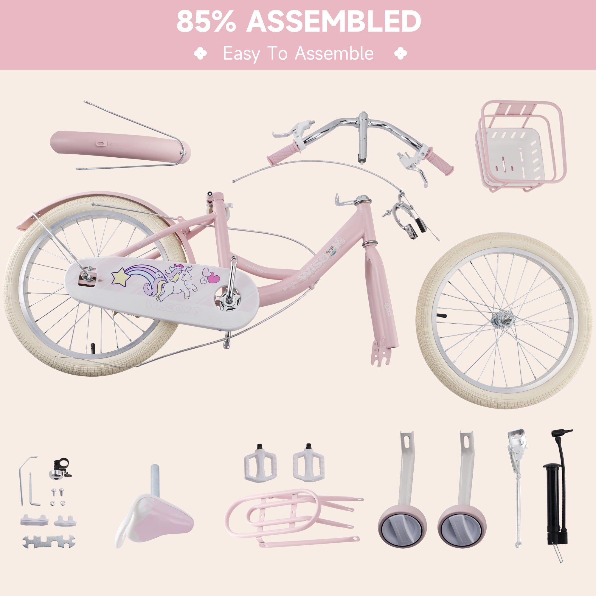 16/18 Inch Bike Kids Bicycle with Basket, Girls Bikes Ages 5-10, Kids Bicycles with Front and Rear Brakes, Kid Bike with Training Wheels, Kickstand, Rear Seat