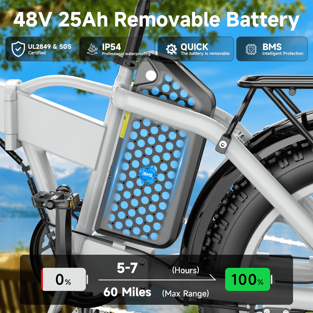 1500W Peak Folding Electric Bike for Adults, 48V 25Ah UL 2849 Certified Battery, 20x4 Fat Tire E-Mountain Bicycle, Shimano 7-Speed, Rear Rack, Up to 30MPH, Black