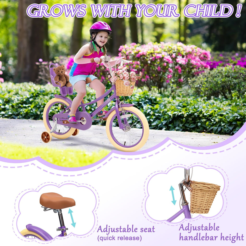 XJD Girls Bike for Toddlers and Kids Ages 2-12 Years Old,12 14 16 Inch Kids Bike with Training Wheels & Basket, 20 Inch Girls Bicycle with Handbrake & Kickstand