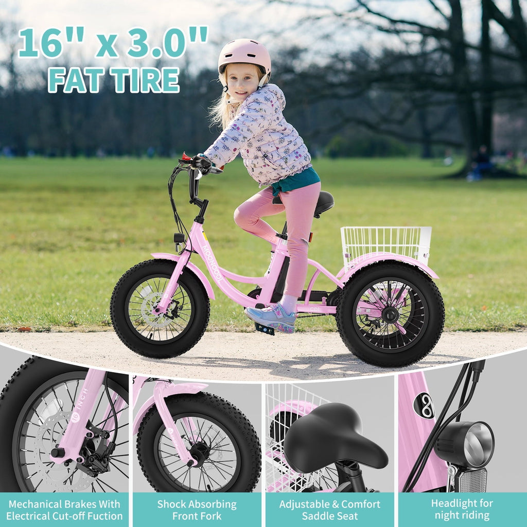 MOONCOOL Electric Tricycle for Kids ,16x3 3 Wheel 250W 10.4Ah Etrike W/ LED headlight & Rear Basket & horn bell & DIY stickers .6/9/12.5 MPH