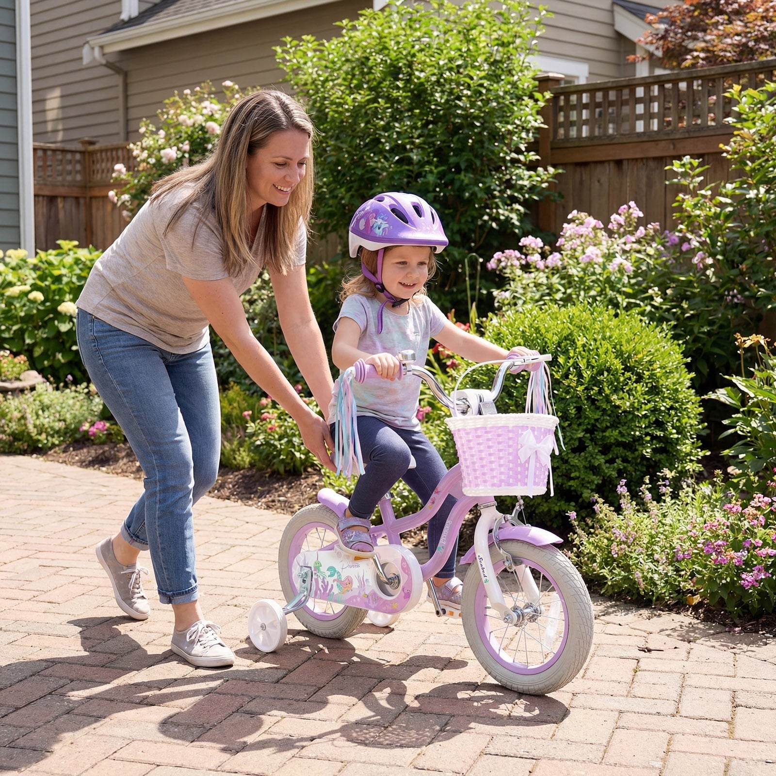 Costway 14 Kids Bike with Training Wheels Hand Coaster Brakes Adjustable Seat Handlebar Pink