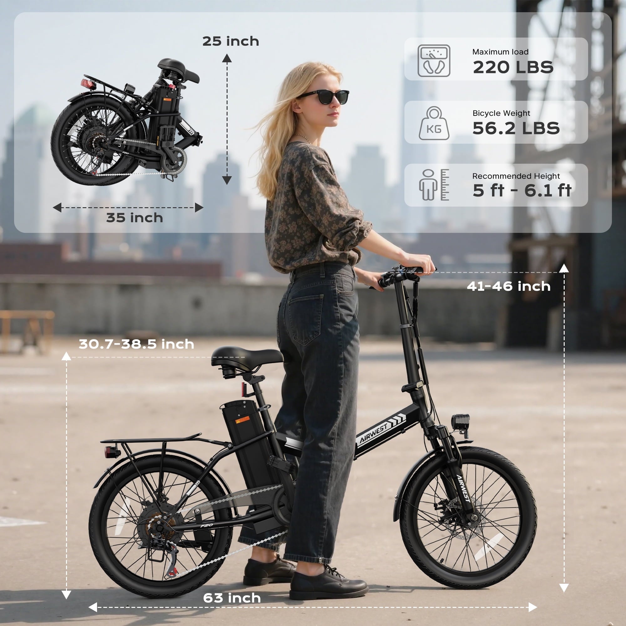 AIRWEST Electric Bike, 20 Folding Ebike for Adults, Peak 750W 20MPH Commuter E Bike with 48V 7.8AH Battery&7 Speed Gear & Dual Disc Brake & Front Suspension, 40 Miles Range (UL2849)