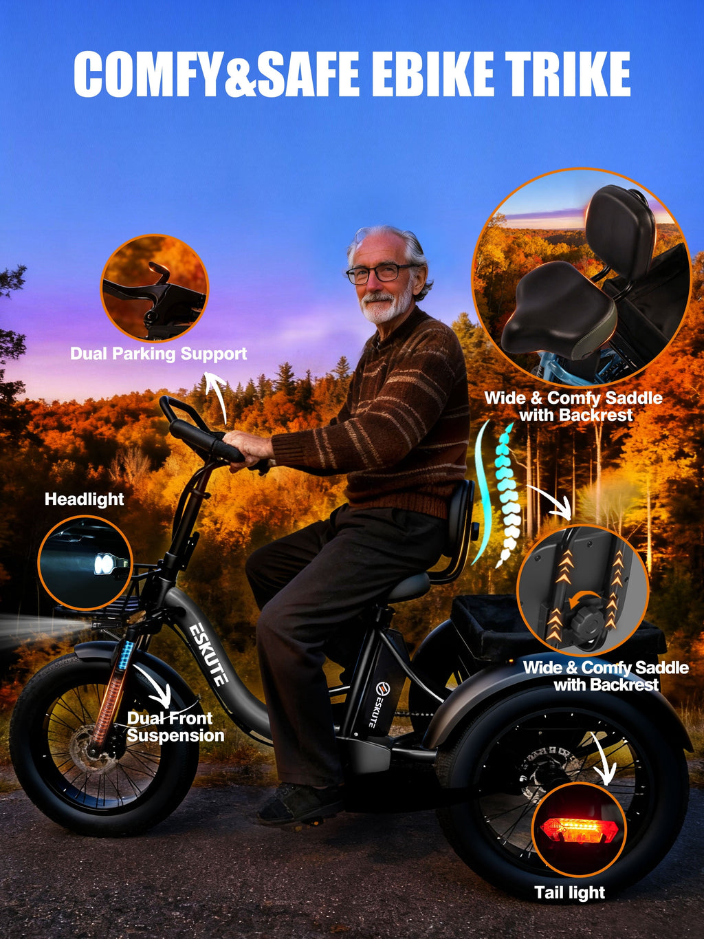 ESKUTE T300 Pro Electric Tricycle for Adults, E Trike, 1200W Peak Motor, 998.4Wh Battery, 20 x 4.0 Fat Tires, Foldable 3 Wheel Electric Bike, Stable Ride for Seniors & Parents Black, UL2849