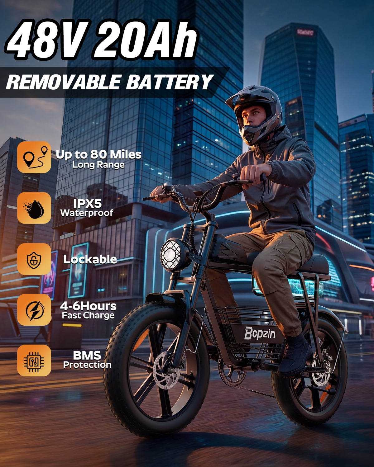 Bopzin Electric Bike for Adults, Peak 1500W App & Anti-Theft, 48V/25Ah, 20x4.0 Fat Tire Ebike, UL2849 E-Mountain Bike