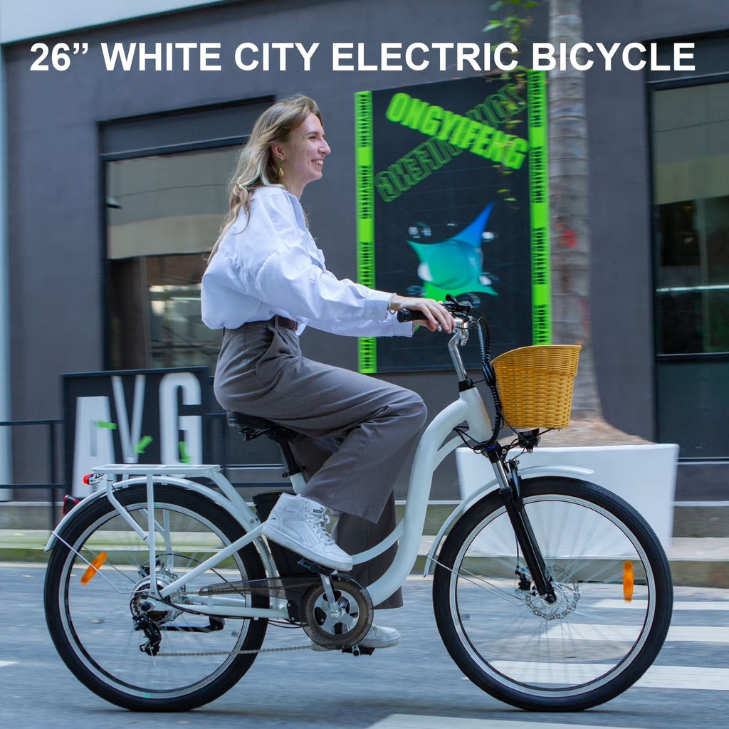 Electric City Bike for Adults 26,Peak 750W E-Commuter Bikes 48V 10AH UL2849,White