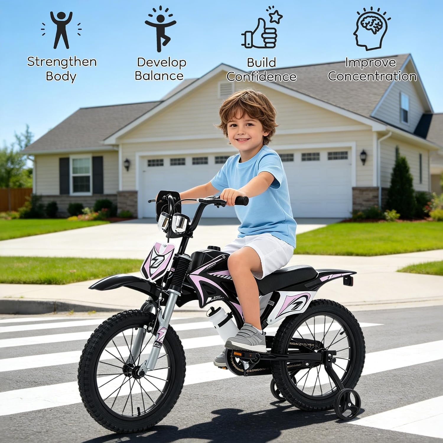 NEORIVER 12 Inch Motocross Style Kids Bike – Training Wheels, Sound Horn, Number Plate & Dashboard Included – Easy Assembly – Ages 3-12 Boys Girls