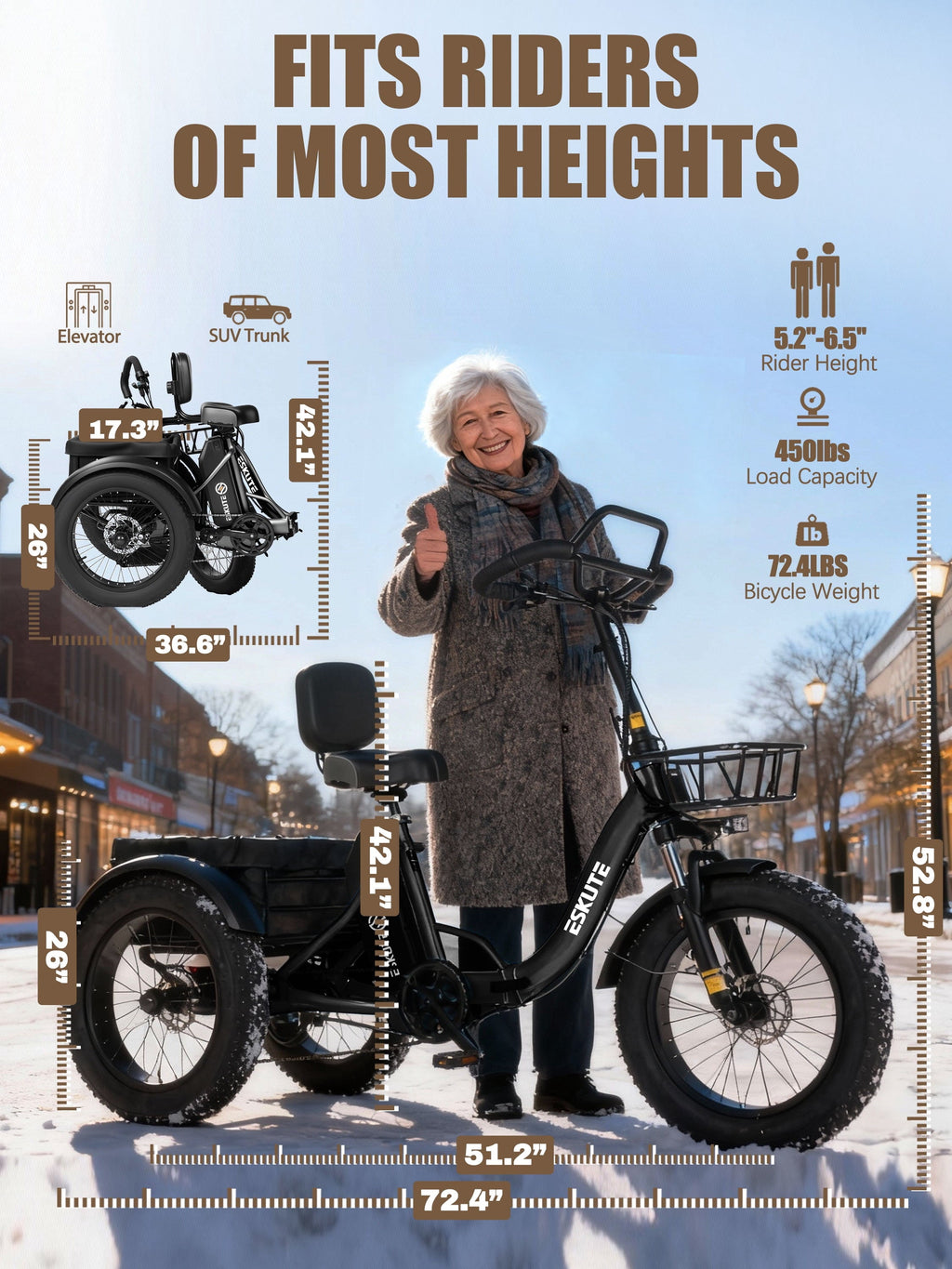 ESKUTE T300 Pro Electric Tricycle for Adults, E Trike, 1200W Peak Motor, 998.4Wh Battery, 20 x 4.0 Fat Tires, Foldable 3 Wheel Electric Bike, Stable Ride for Seniors & Parents Black, UL2849