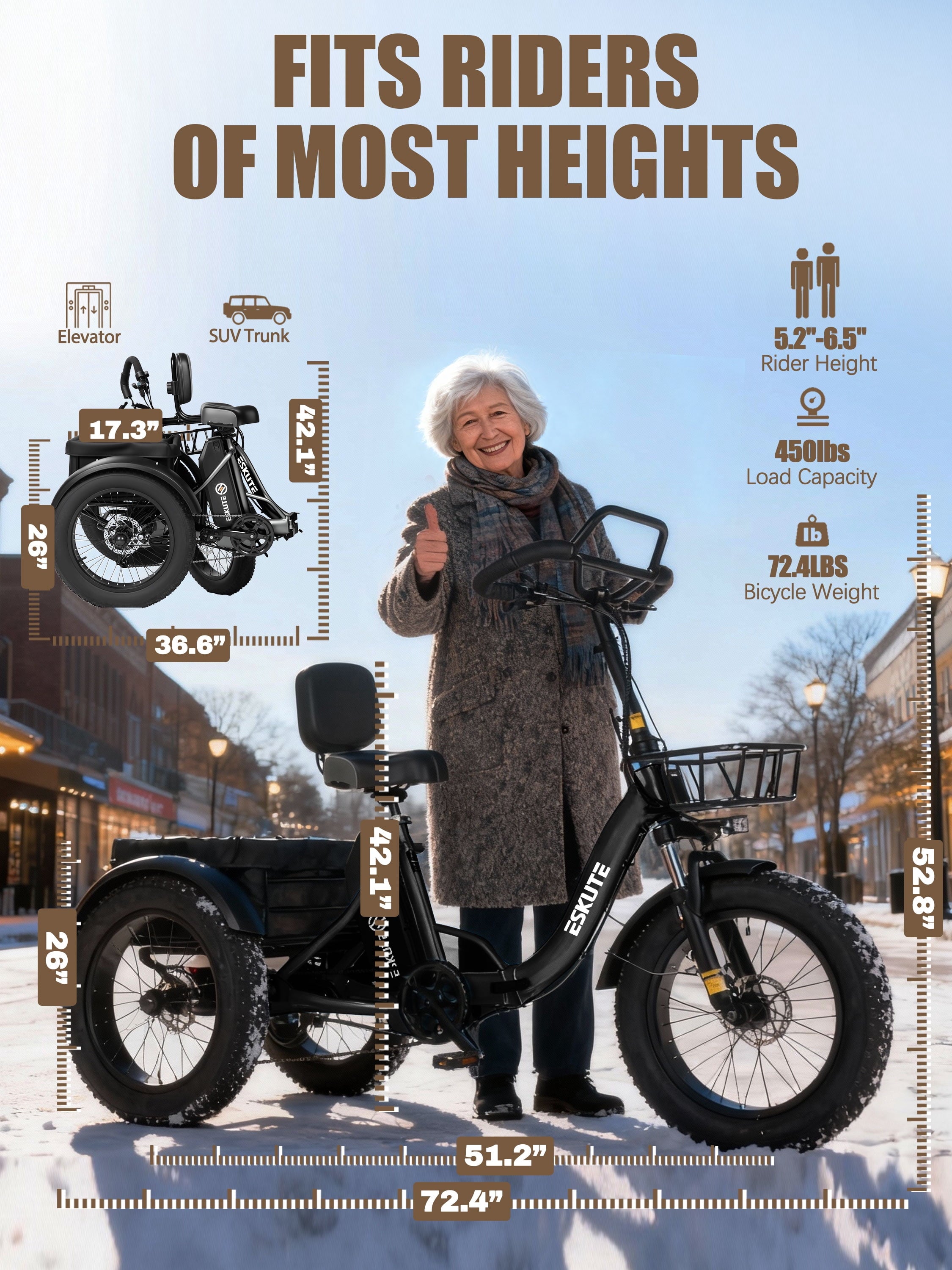 ESKUTE T300 Pro Electric Tricycle for Adults, E Trike, 1200W Peak Motor, 998.4Wh Battery, 20 x 4.0 Fat Tires, Foldable 3 Wheel Electric Bike, Stable Ride for Seniors & Parents Black, UL2849