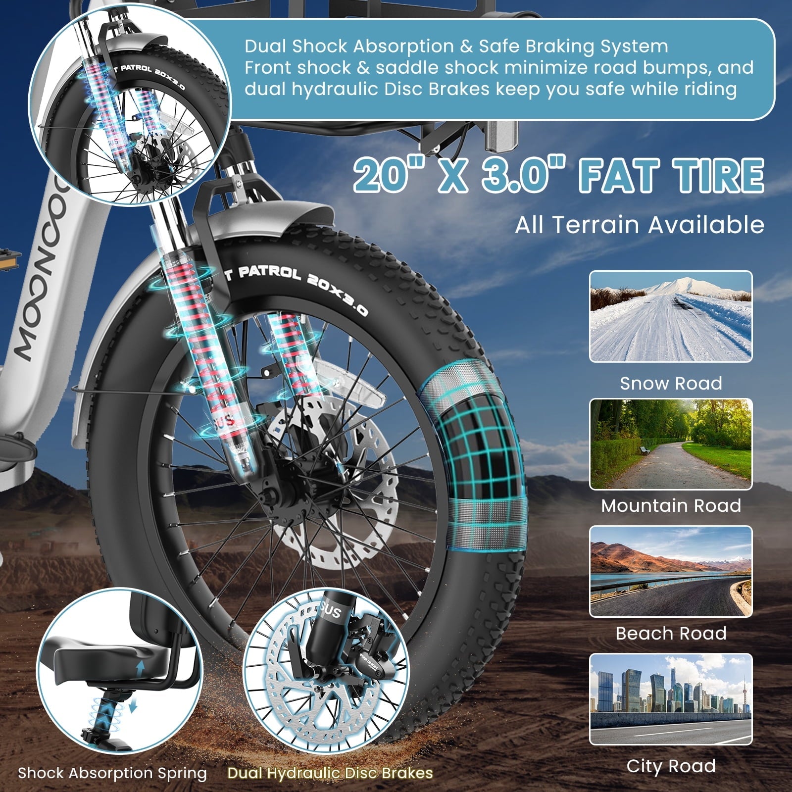 MOONCOOL TK Pro Foldable Electric Tricycle W/ Rearview mirror accessory Kit, 1500W Motor 48V 20Ah Battery, 20 Fat Tire Three Wheel 6-Speed Electric Mountain Bicycle for Adults
