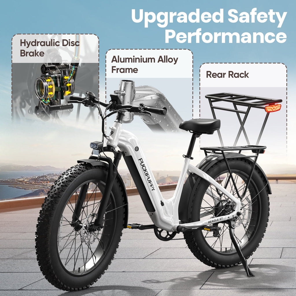 PUCKIPUPPY 960W Peak Electric Bike for Adults Step Through E-Bike 28mph Max Speed 60Miles Range 26 Fat Tire Electric Mountain Bike 48V 15AH Battery 7 Speed off-Road Ebike, Comply with UL2849 By SGS