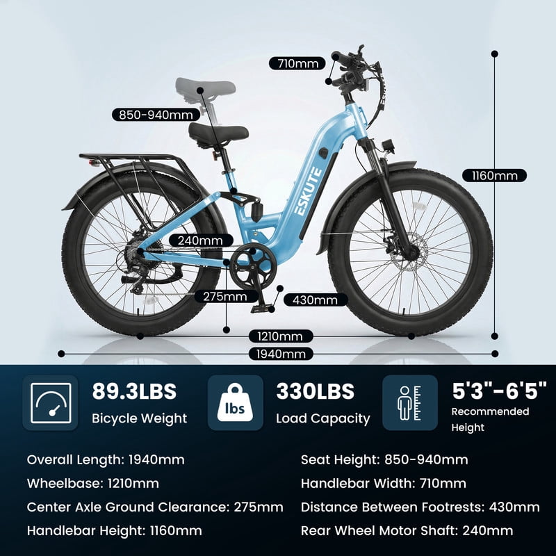 ESKUTE C300 1500W Electric Bike for Adults, 48V 20.8Ah Battery, 32MPH, 80 Miles Range, 26x4.0 Fat Tire Step-Thru Ebike, Full Suspension Electric Bicycle, 8-Speed Pink, UL2849