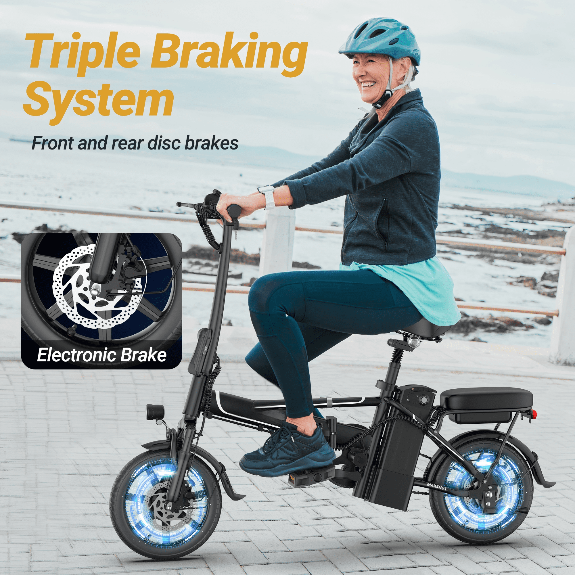 Electric Bike Black 500W 48V 15.6Ah , 14' Mini Ebike for City Commuter, Folding Electric Bicycle for Adult with Two Seats UL2849