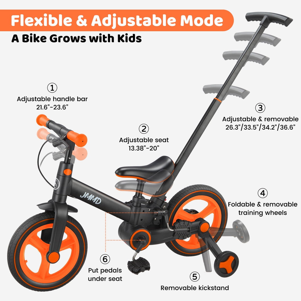 JMMD Toddler Bike with Push Handle for Kid 18-60 Months, 6 in 1 Foldable Tricycle with Training Wheel, Pedals, Kid Balance Bike for Boy & Girl, Black