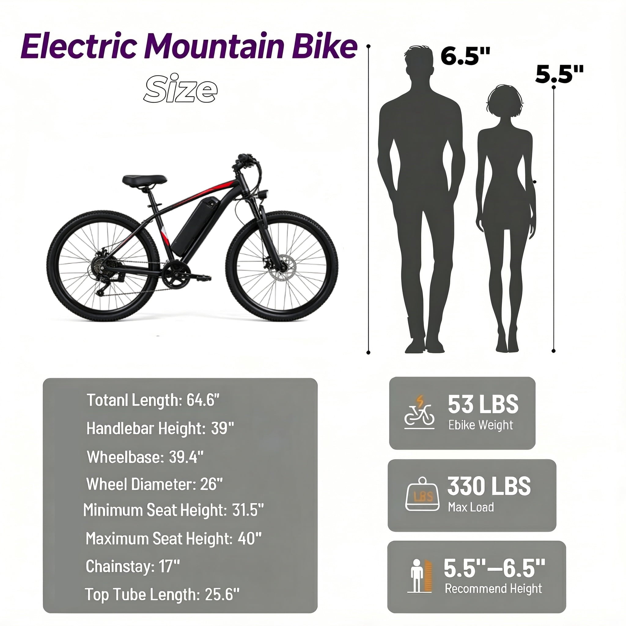 26'' Electric Mountain Bike for Adults, 500W Peak Motor, 36V 12Ah Removable Waterproof Battery, 20 MPH, 30 Miles Range, 7-Speed Suitable for Mountain, Commuting, Shopping, or Trip, UL 2849