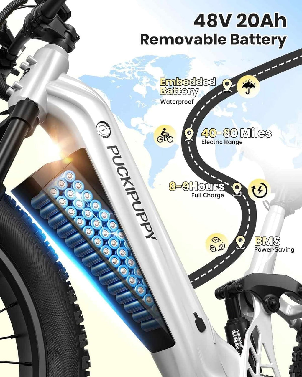 PUCKIPUPPY 26 Electric Bikes for Adults 960W Peak Step Through E-Bikes up to 80Miles Range 48V 20AH Battery Full Suspension Ebike 28 mph Max Speed Fat Tire E-Mountain Bike 7 Speed, UL2849 by SGS