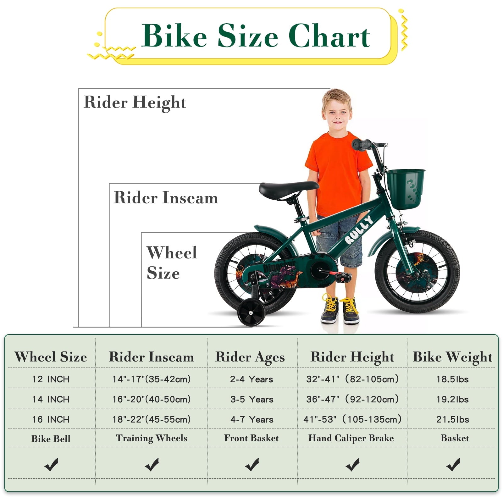 RULLY 14 Inch Dinosaur Kids Bike for Boys 3-5 Years, Bicycle with Training Wheels, Basket & Coaster Brake, Blue