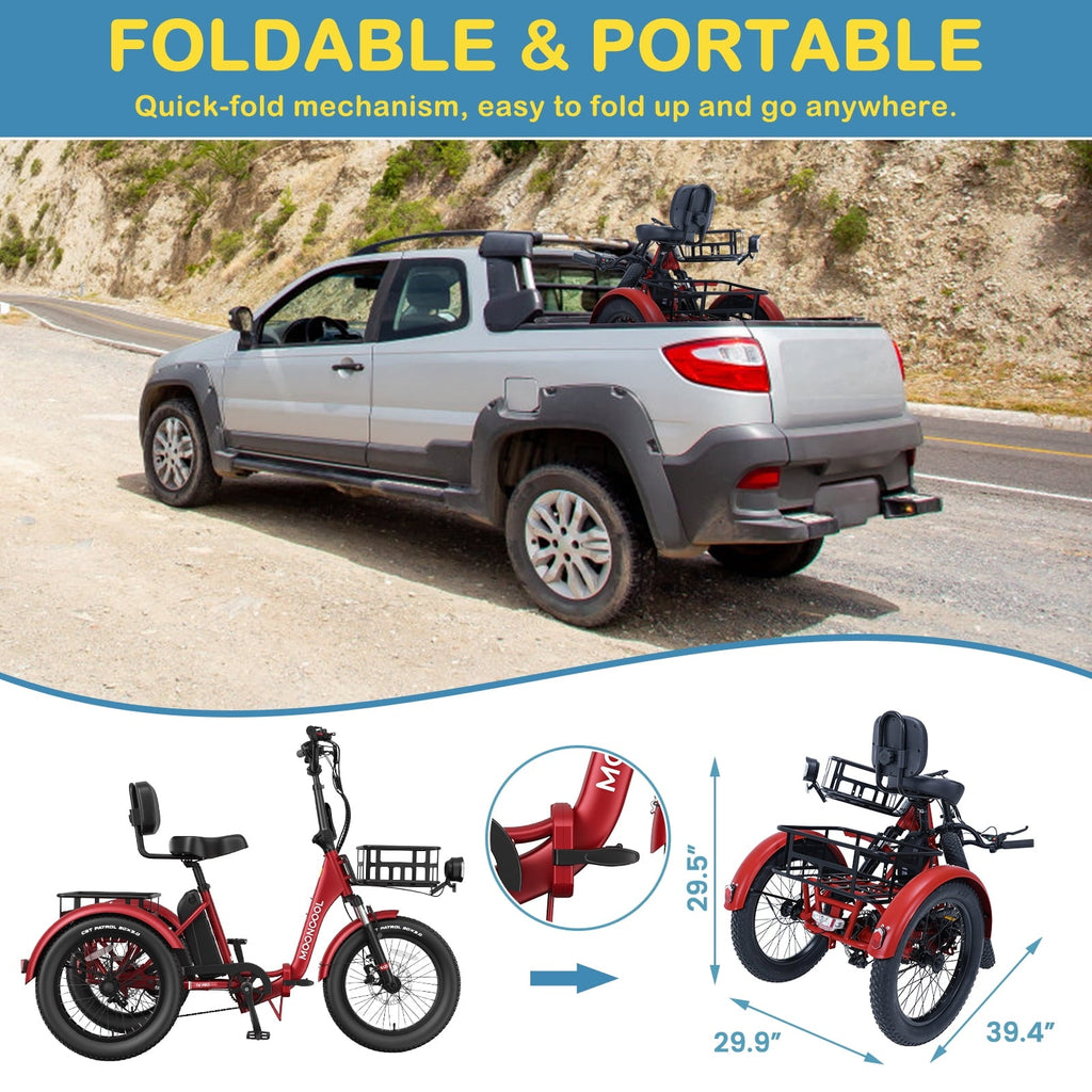 MOONCOOL TK Pro Foldable Electric Tricycle W/ Rearview mirror accessory Kit, 1500W Motor 48V 20Ah Battery, 20 Fat Tire Three Wheel 6-Speed Electric Mountain Bicycle for Adults