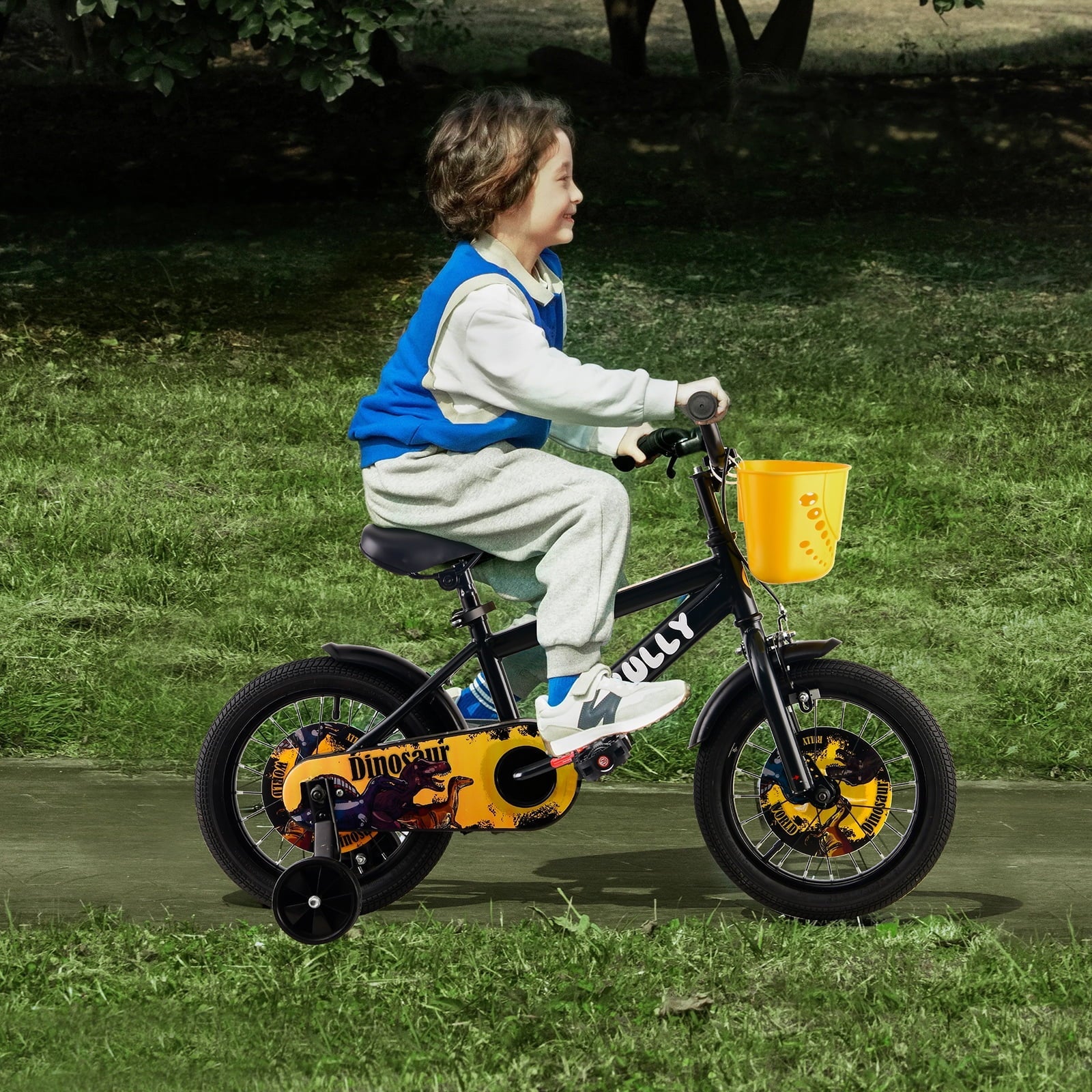RULLY 14 Inch Dinosaur Kids Bike for Boys 3-5 Years, Bicycle with Training Wheels, Basket & Coaster Brake, Blue