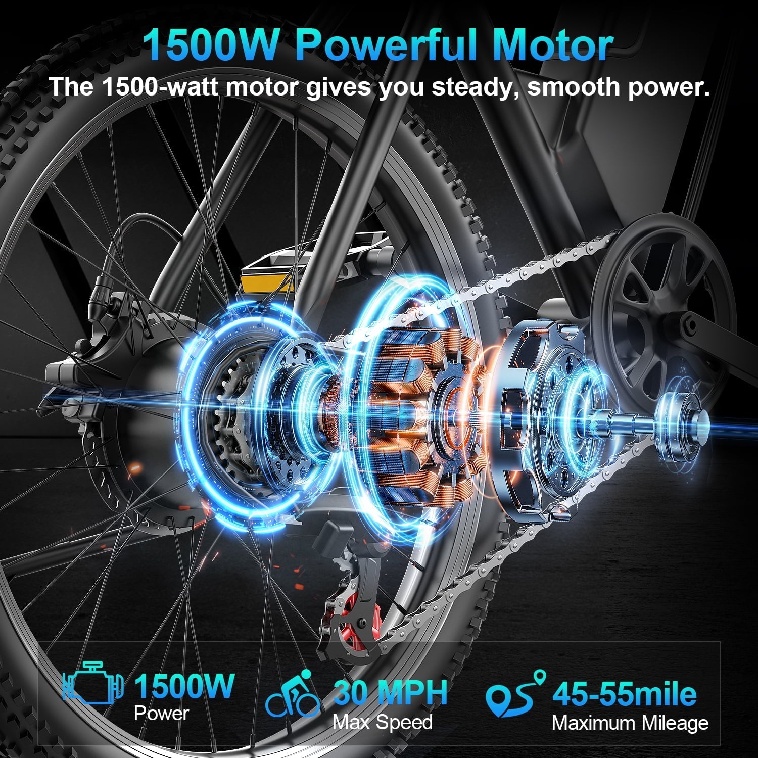 F26-1500W Off-Road Electric Bike, 26 Tire 55 Miles Electric Bike ,48V 10.5 Internal Battery (Removable), Top Speed 30MPH, Electric Mountain Bike Beach Bike, Professional 7 Speed UL2849