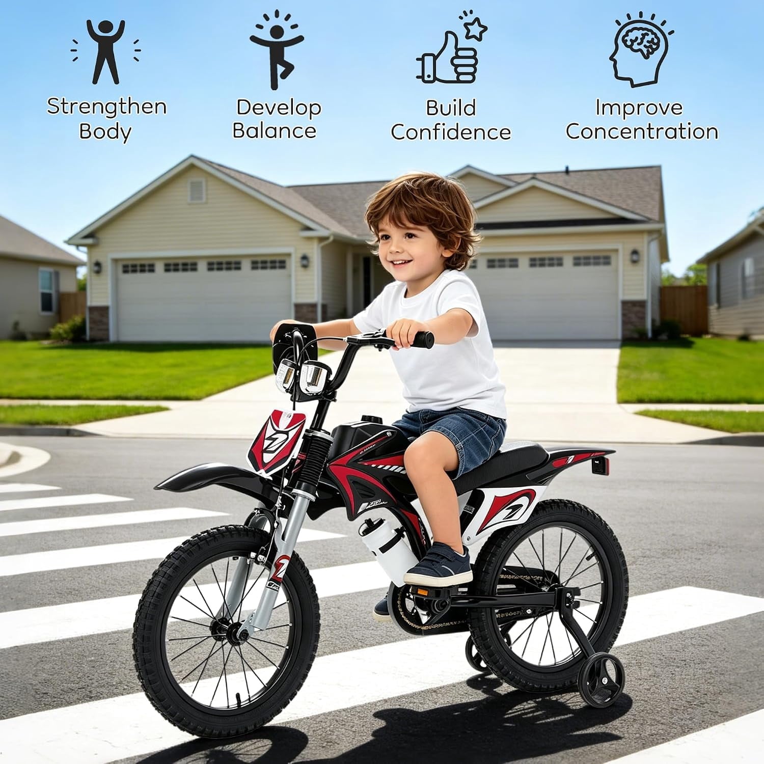 NEORIVER 12 Inch Motocross Style Kids Bike – Training Wheels, Sound Horn, Number Plate & Dashboard Included – Easy Assembly – Ages 3-12 Boys Girls
