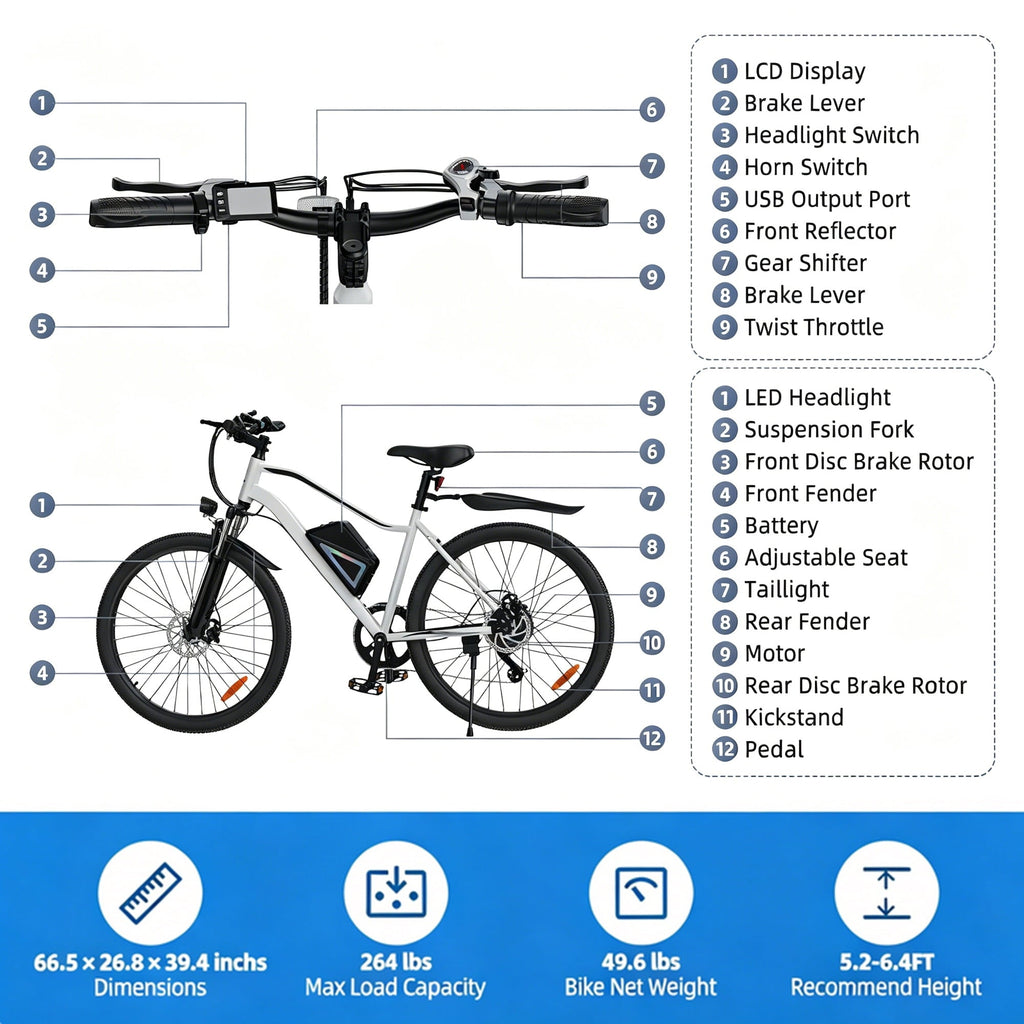 iScooter Electric Bike for Adults 20 Mph, 30+Miles Electric Bicycle,500W Electric Bike with 36V 10.4Ah Battery, 5-Speed, 26 Tires and Front Fork Suspension