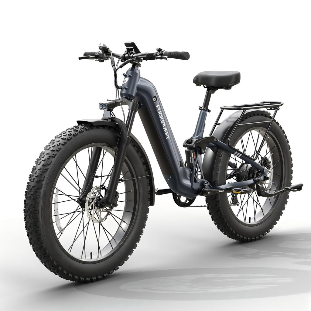 PUCKIPUPPY 26 Electric Bikes for Adults 960W Peak Step Through E-Bikes up to 80Miles Range 48V 20AH Battery Full Suspension Ebike 28 mph Max Speed Fat Tire E-Mountain Bike 7 Speed, UL2849 by SGS