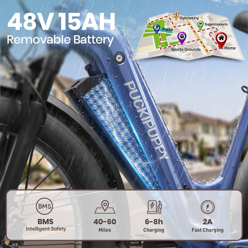 PUCKIPUPPY 960W Peak Electric Bike for Adults Step Through E-Bike 28mph Max Speed 60Miles Range 26 Fat Tire Electric Mountain Bike 48V 15AH Battery 7 Speed off-Road Ebike, Comply with UL2849 By SGS