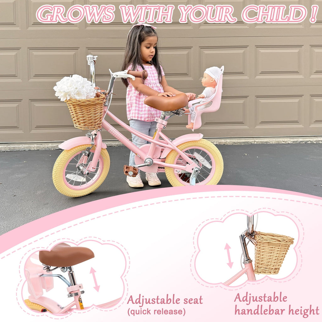 KORIMEFA Girl Bike for Toddlers and Kids Ages 3-6 Years Old, 12 inch Kids Bike with Training Wheels & Basket, 12 in Girl Bicycle with Handbrake & Kickstand