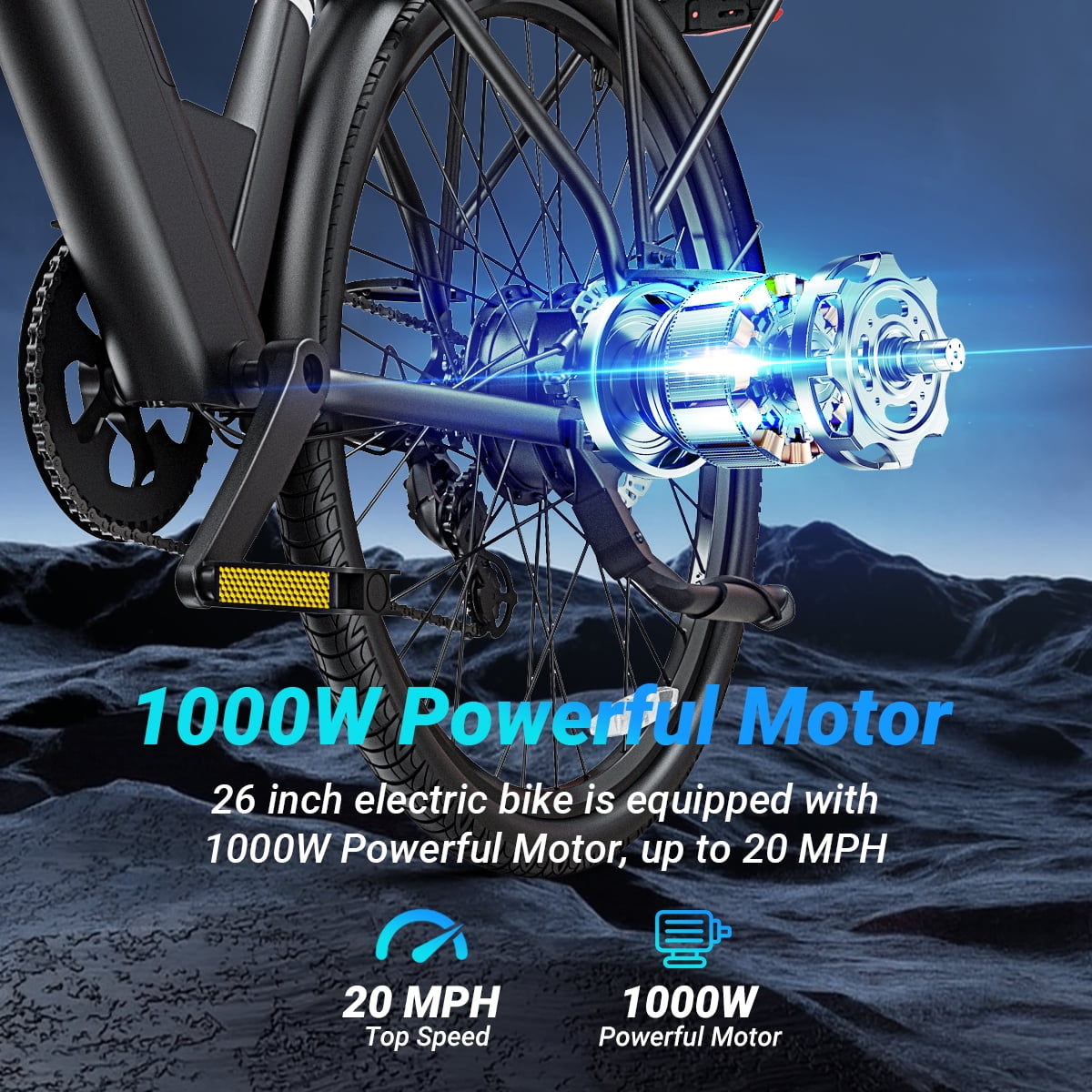 DYU C7L Electric Bike for Adults, 26 Peak 1000W Motor Ebike, 48V 10.4Ah Removable Battery, 45 Miles Max 20MPH, 7 Speed Electric Bicycle UL2849