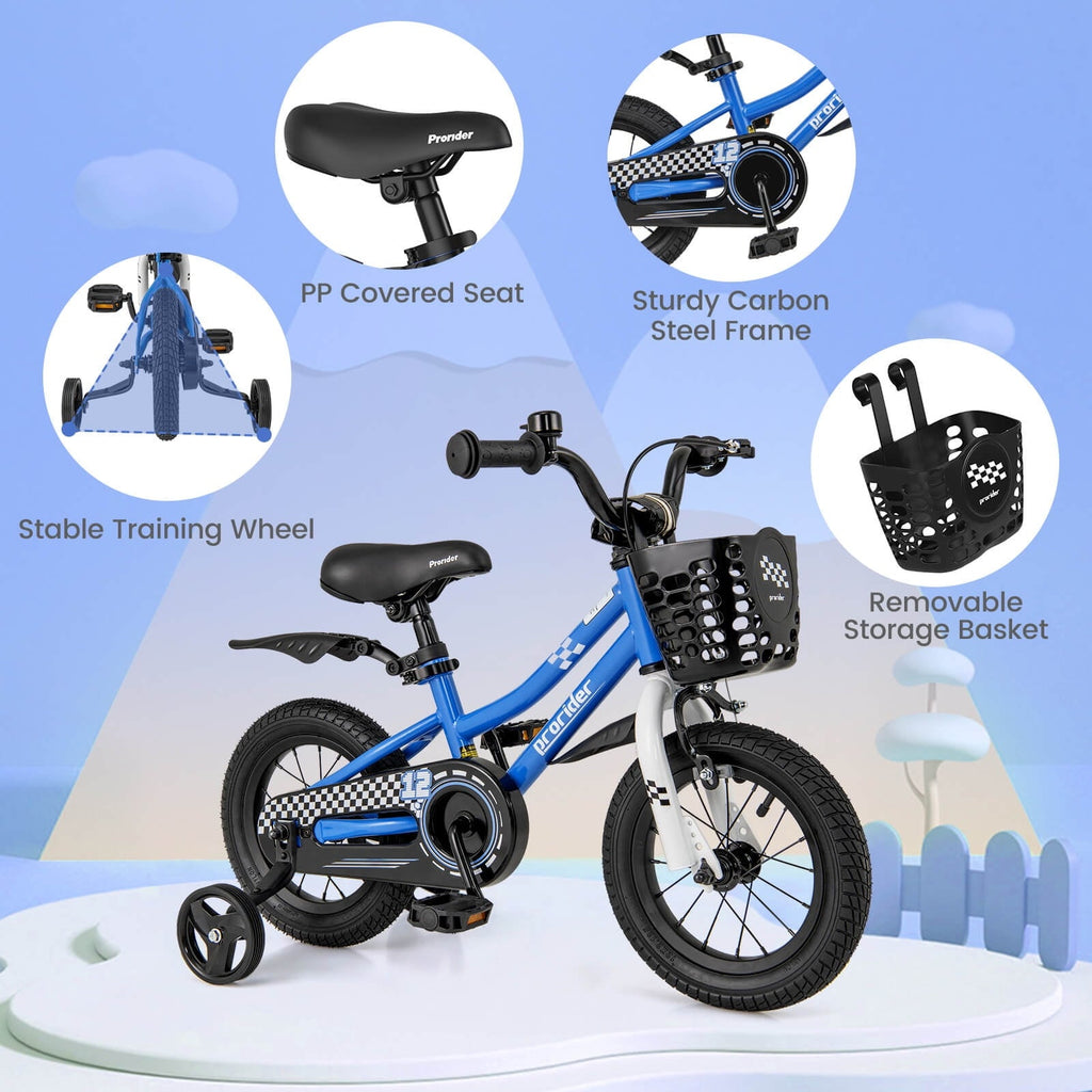 Costway 14'' Kid's Bike with Removable Training Wheels & Basket for 3-5 Years Old Blue