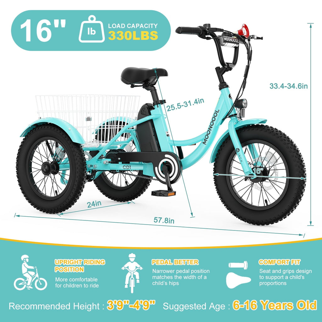 MOONCOOL Electric Tricycle for Kids ,16x3 3 Wheel 250W 10.4Ah Etrike W/ LED headlight & Rear Basket & horn bell & DIY stickers .6/9/12.5 MPH