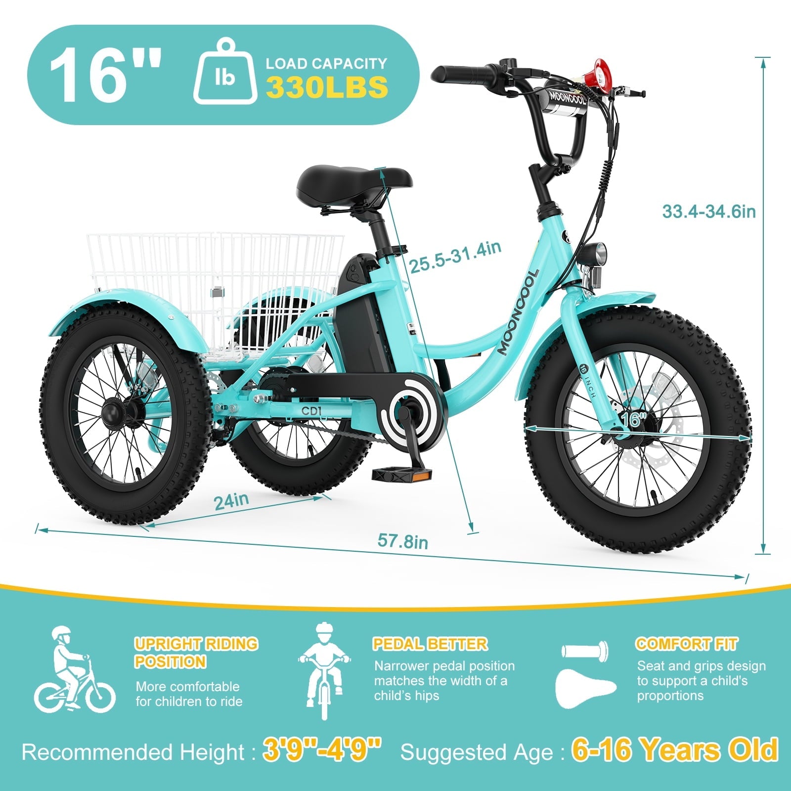MOONCOOL Electric Tricycle for Kids ,16x3 3 Wheel 250W 10.4Ah Etrike W/ LED headlight & Rear Basket & horn bell & DIY stickers .6/9/12.5 MPH