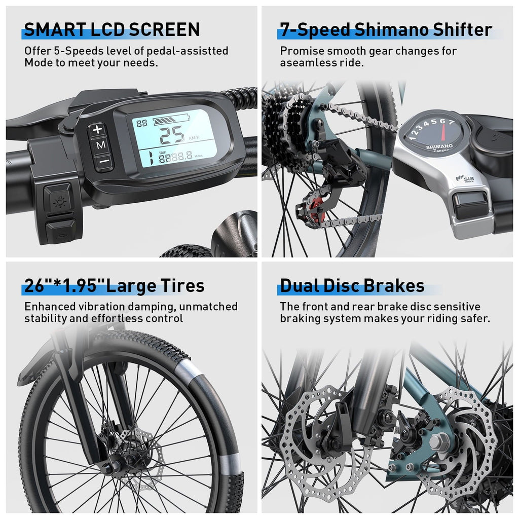 Unibike 26Electric Bike for Adults, Top Speed 22 MPH, 400W Ebike for Teens, 36V 10AH Lithium Battery, Mountain E Bike, Blue