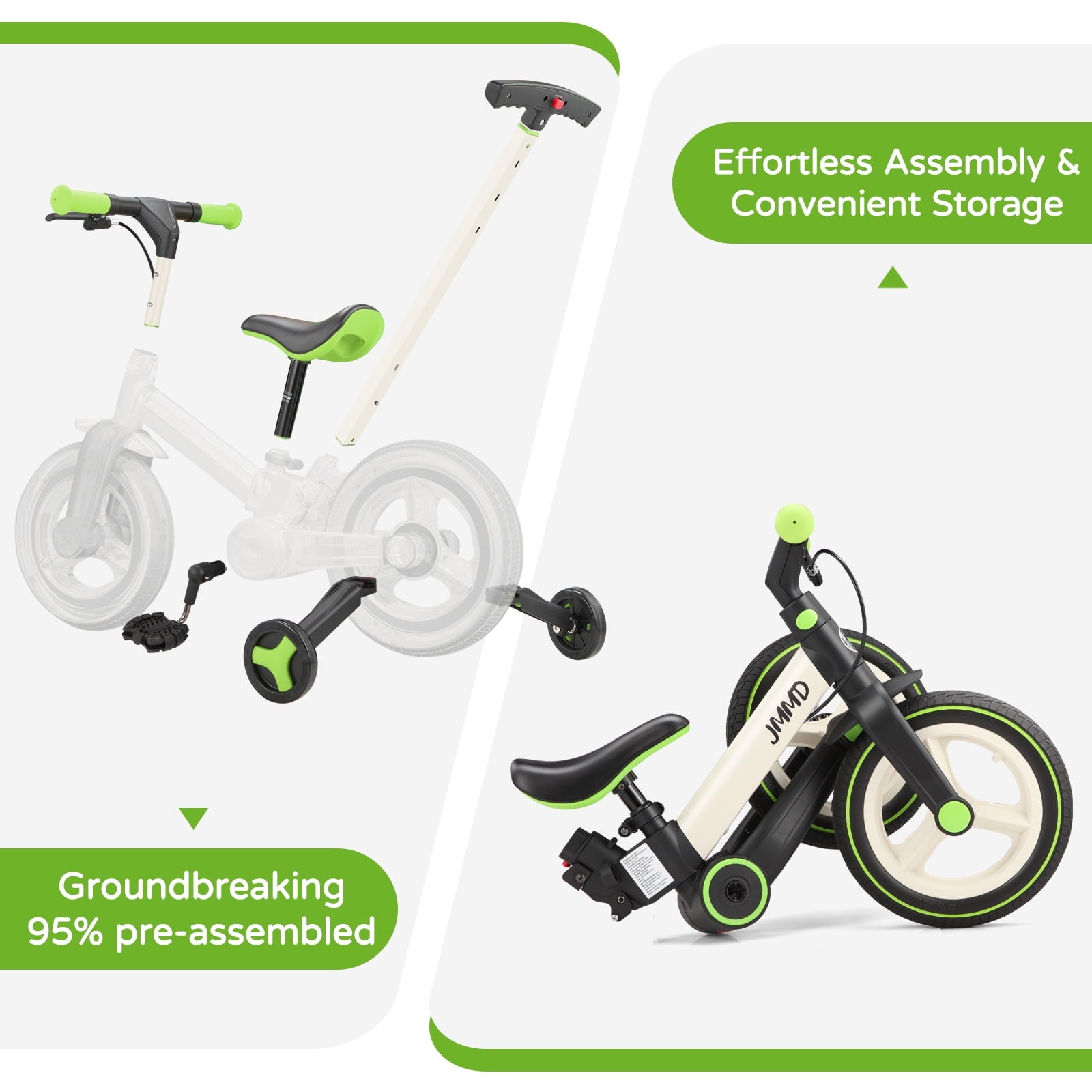 JMMD Toddler Bike with Push Handle for Kid 18-60 Months, 6 in 1 Foldable Tricycle with Training Wheel, Pedals, Kid Balance Bike for Boy & Girl, Black